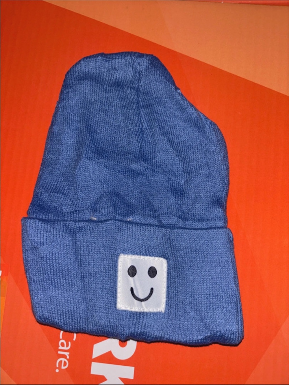 Kids Blue Knit Beanie with Smile Patch